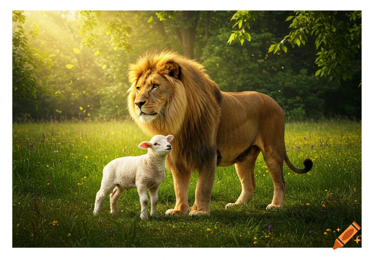 A majestic lion and a small white lamb stand peacefully in a sunlit green meadow with trees in the background, in a photorealistic style.