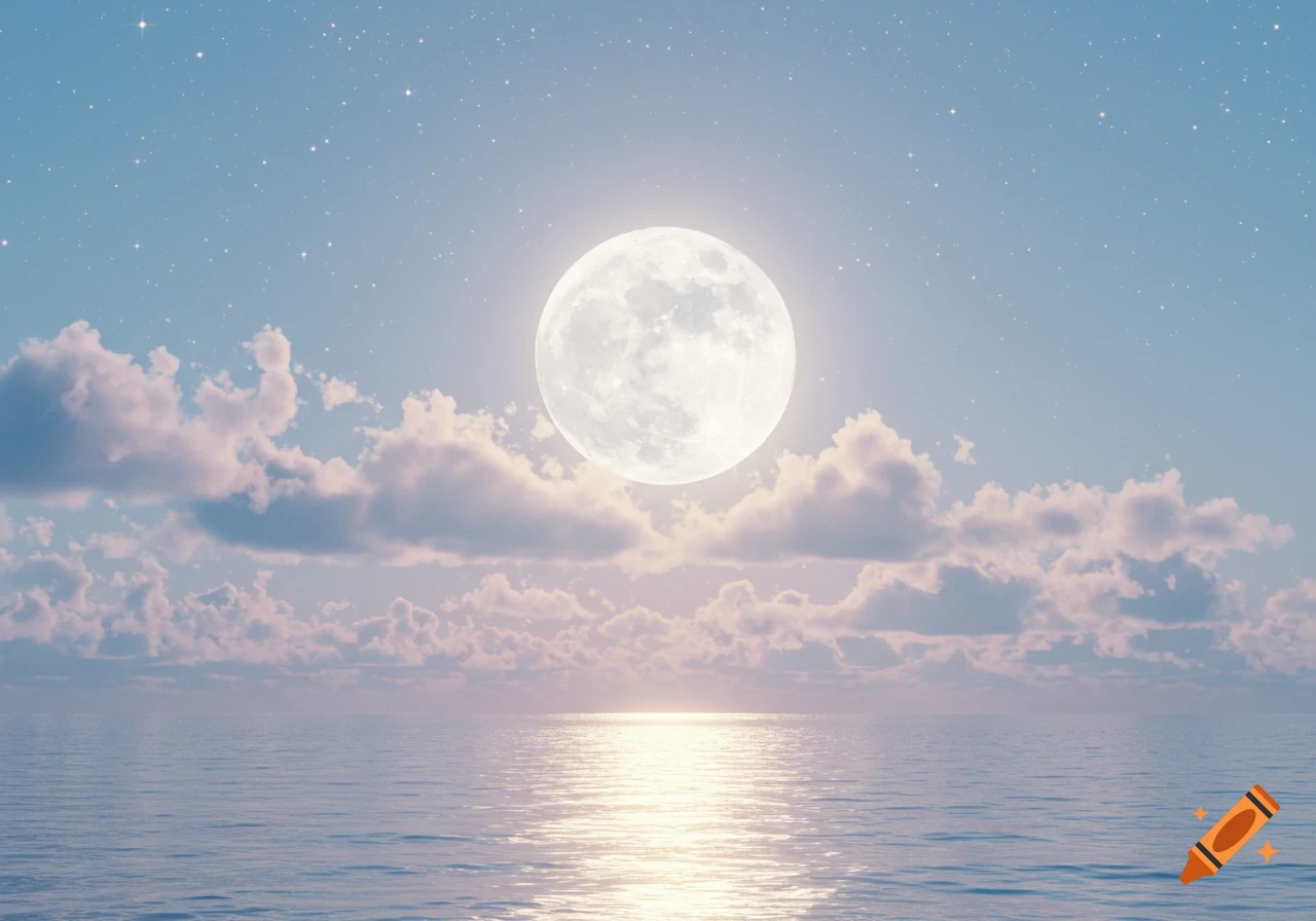 A serene full moon illuminates a starry sky over a calm ocean, with soft clouds reflecting its light.