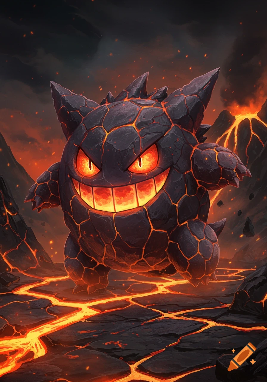 A Gengar-like creature made of cracked black lava rock with glowing orange fissures, standing on a lava-filled volcanic landscape under a dark, smoky sky.