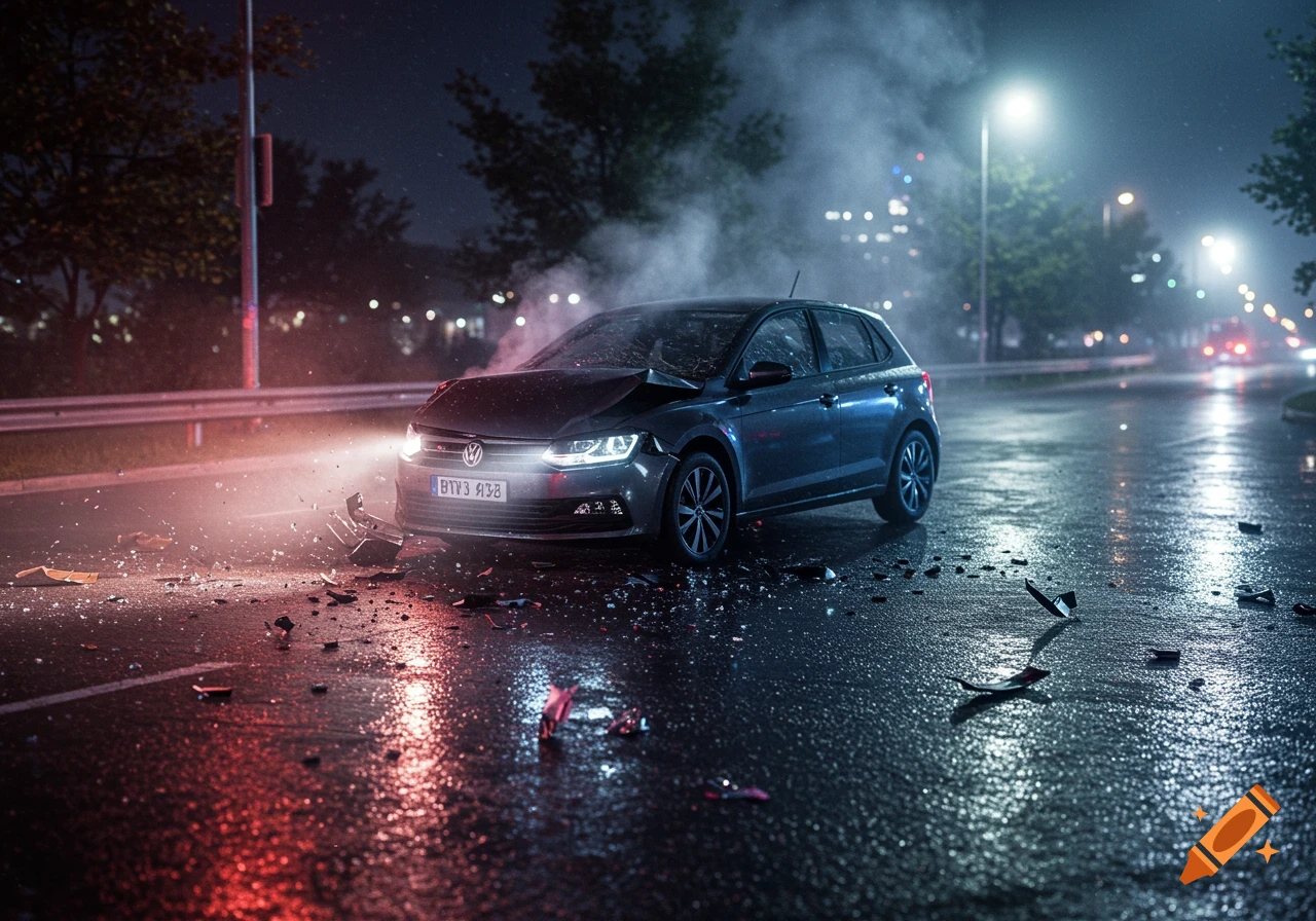 A damaged dark gray car, possibly a VW Polo, sits on a wet street at night with debris from a crash scattered around.