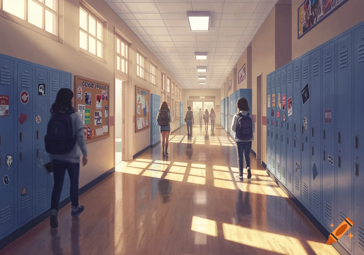 Illustrative image of a school corridor with students walking, illuminated by sunlight through windows onto the wooden floor, lined with blue lockers.