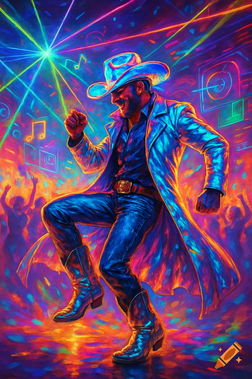 A man in a cowboy hat and trench coat dances energetically in a neon-lit, colorful rave party with laser beams.