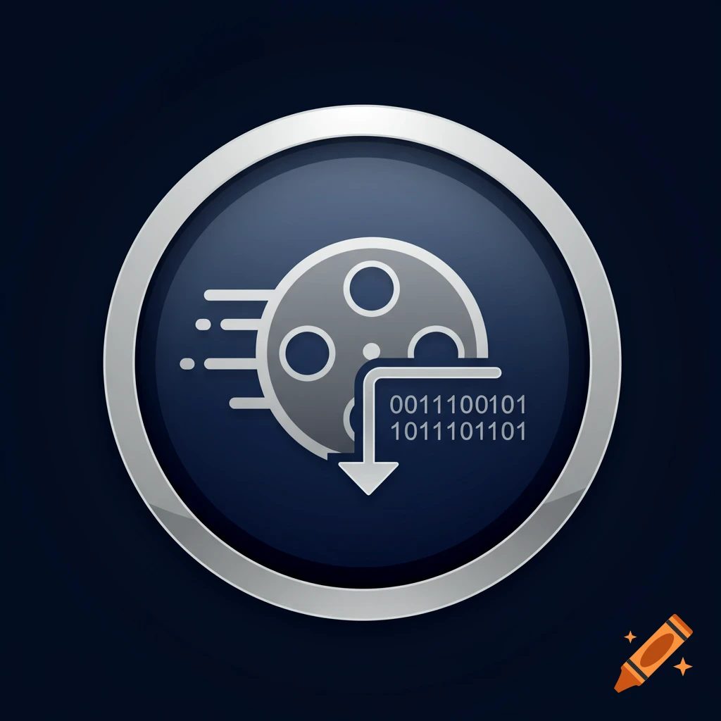 A circular icon featuring a film reel with speed lines, a downward arrow, and binary code, symbolizing a movie download.