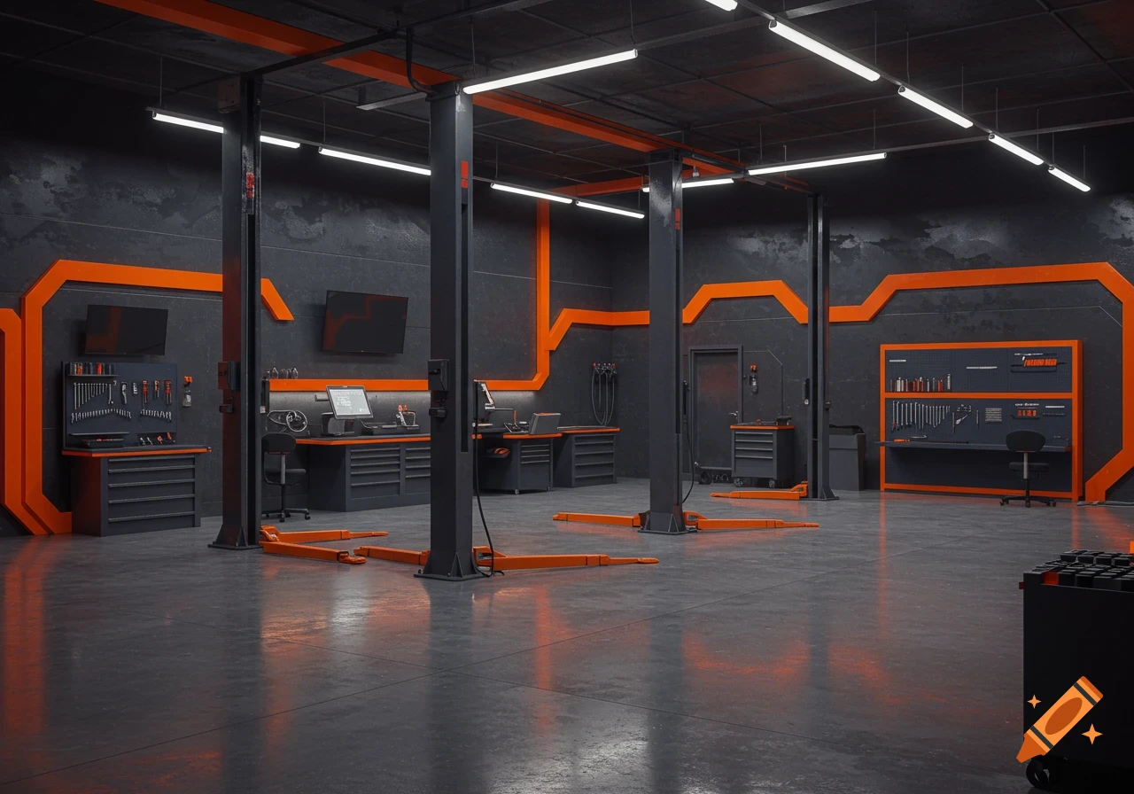 A modern, clean auto repair shop with dark gray walls and bright orange accents, featuring car lifts, workbenches, and tool displays.