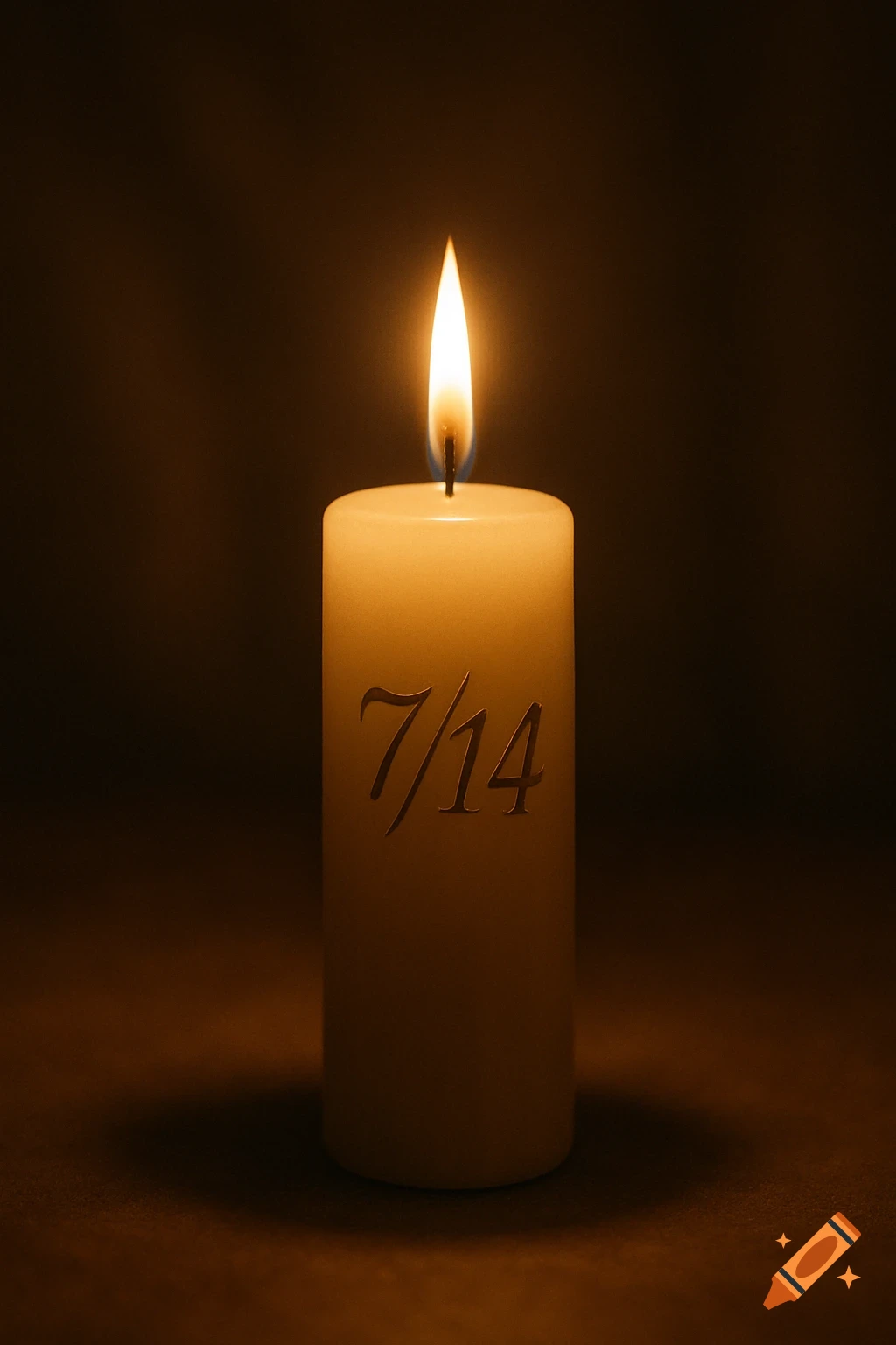 A lit white pillar candle with '7/14' inscribed on it, glowing in the dark.