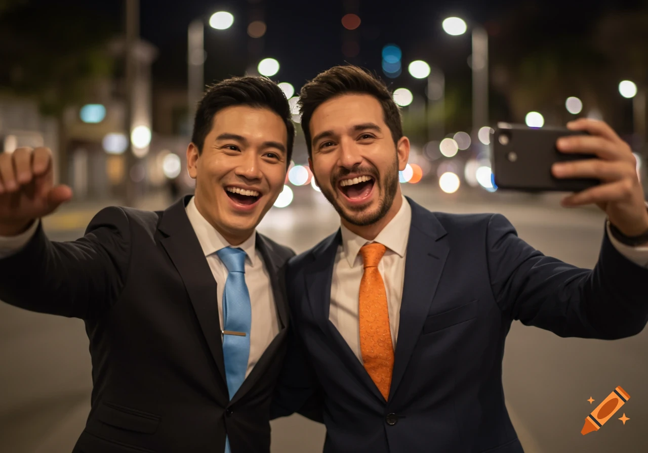 Two happy men in suits taking a selfie on a city street at night, with blurred streetlights in the background.