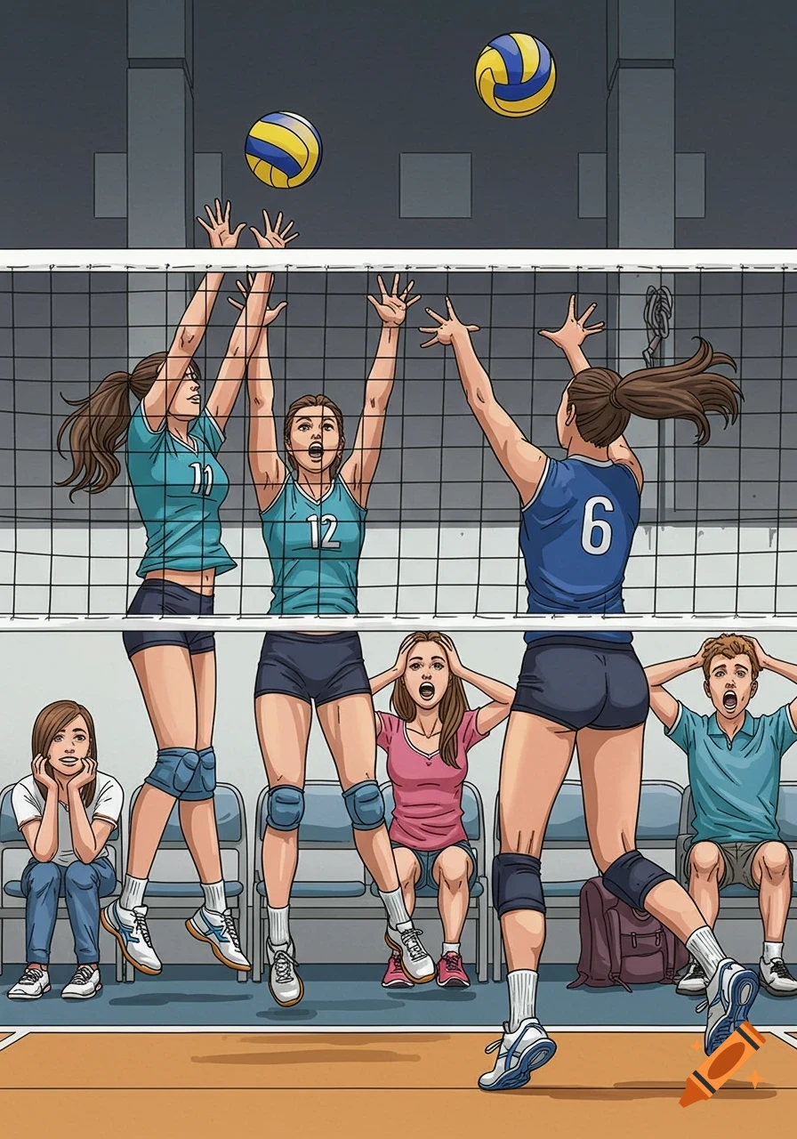 Illustration of three female volleyball players jumping at the net to block, with three spectators watching from the sidelines in an indoor court.