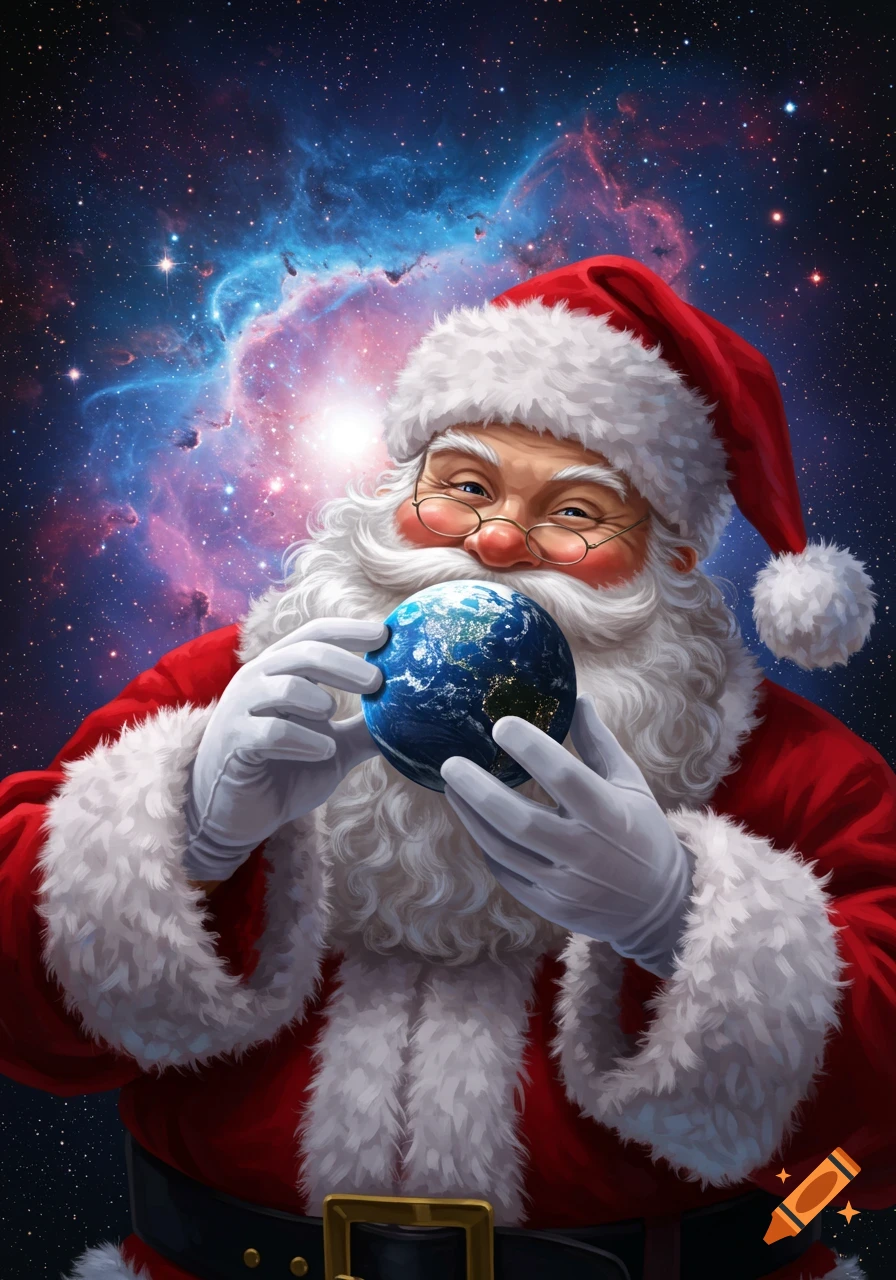 Santa Claus holds a small glowing Earth globe in space with a colorful nebula and stars behind him, digital illustration.
