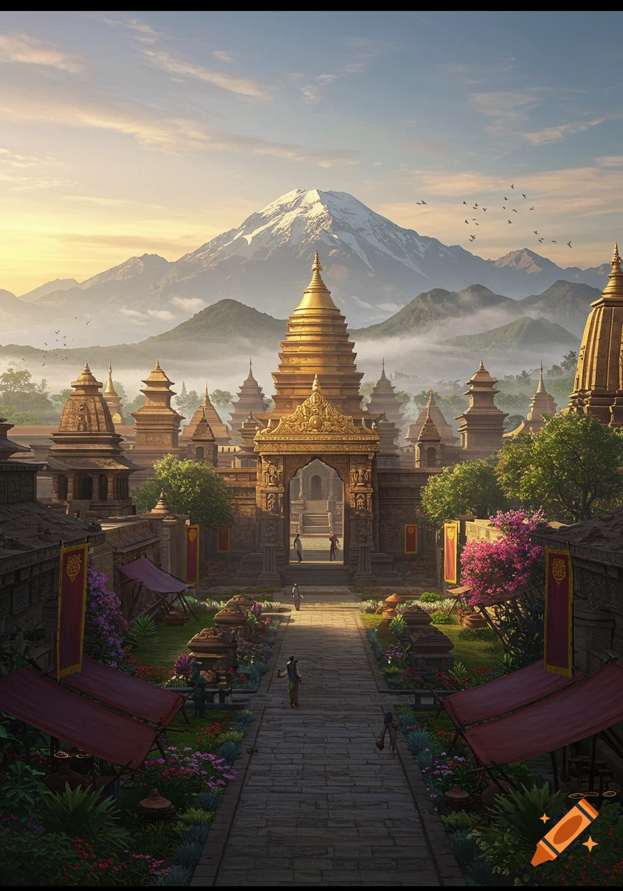 A grand ancient city with golden temples and stone buildings at the foothills of snow-capped mountains during sunrise, with lush gardens.