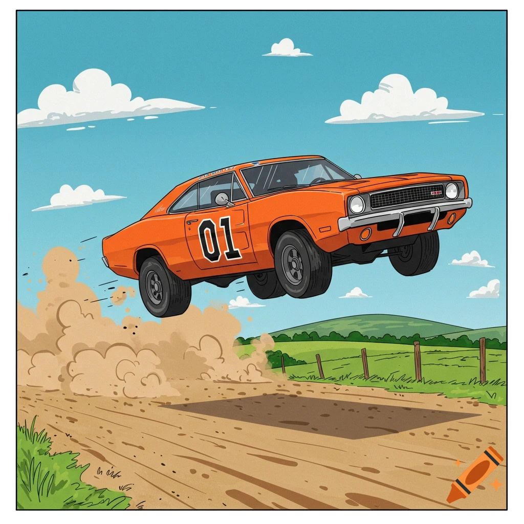 A cartoon orange car, resembling the General Lee with '01' on its side, jumps off a dirt road creating a large dust cloud, under a blue sky with white clouds, with green hills in the background.