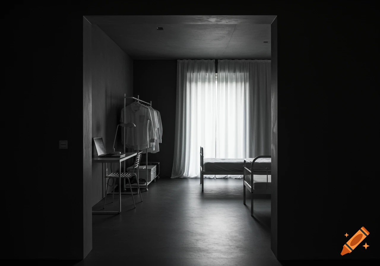 A minimalist bedroom with dark gray walls, a white metal bed, a desk with a laptop, and a clothing rack.