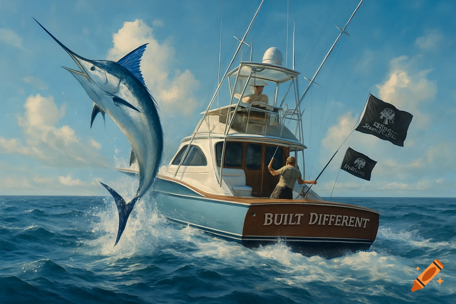 A large marlin leaps from the water next to a sportfishing boat with "Built Different" on its stern, under a clear sky.