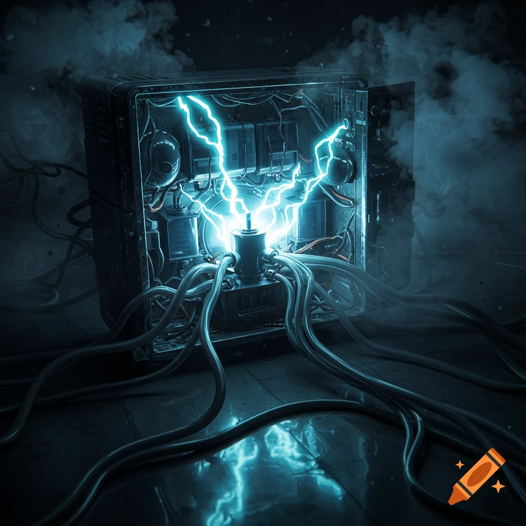 An atmospheric illustration of a complex powerbox with arcing blue electricity, intricate wires, and smoke.