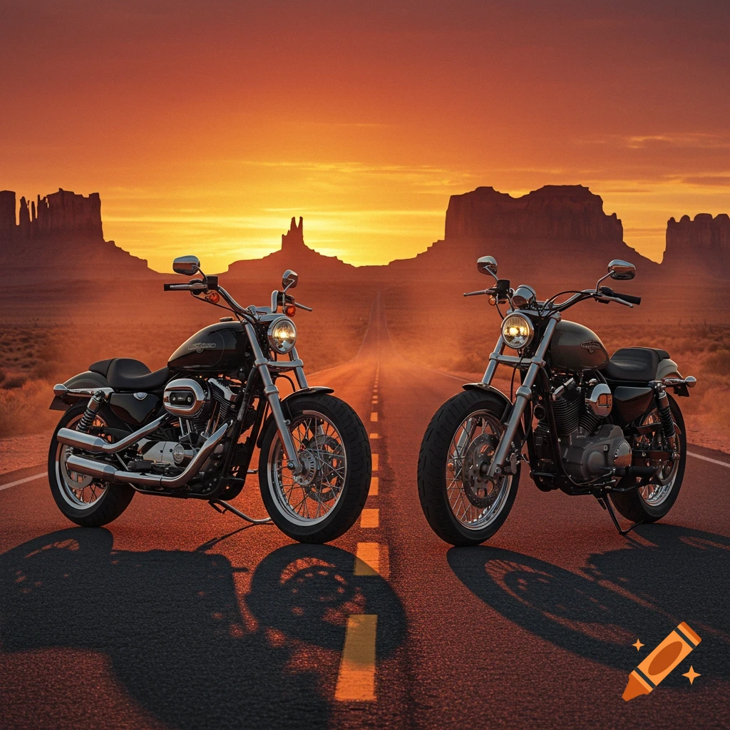 Two motorcycles parked on a road stretching into the distance, silhouetted against a vibrant orange and yellow desert sunset with mountains.