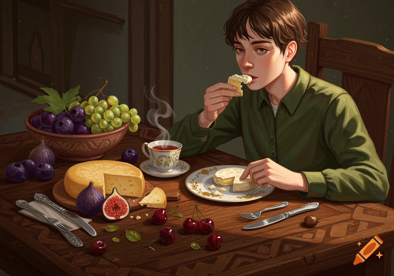 An illustration of a person eating cheese and crackers at a wooden table, surrounded by fruits and a teacup.