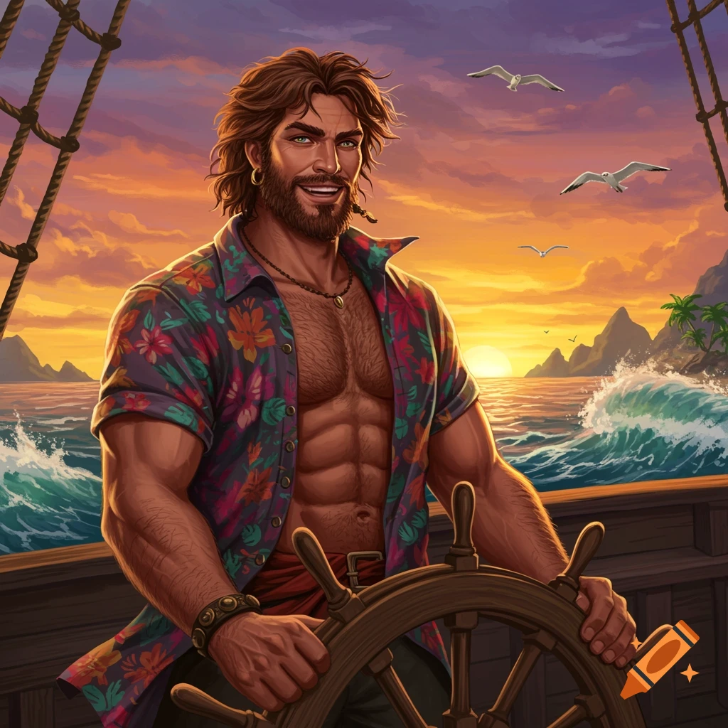 Muscular man with beard and floral shirt steers a ship at sunset over a tropical sea, digital art.