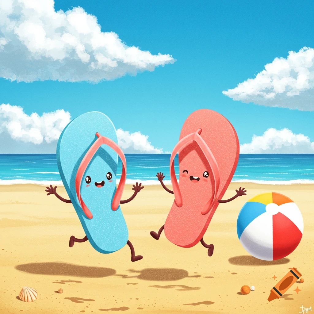 Two cute animated flip-flops, one blue and one pink, with smiling faces, run on a sunny beach next to a colorful beach ball.