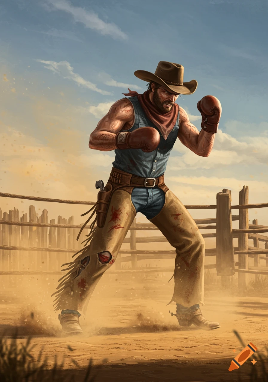 A muscular cowboy wearing a hat, boxing gloves, and chaps stands in a fighting pose in a dusty western corral.