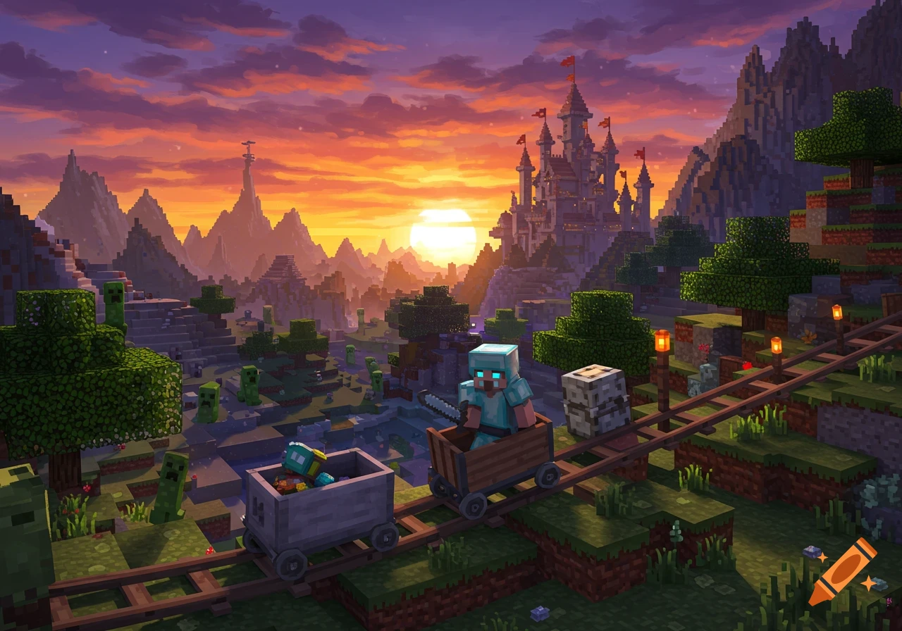 A Minecraft scene with a character in a minecart on tracks, passing by creepers and a zombie in another minecart, with a large castle and mountains at sunset.
