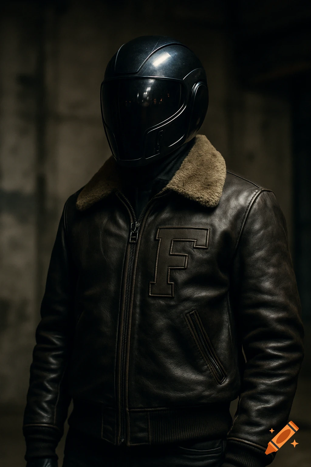 A person wearing a brown leather flight jacket with a fur collar and a stylized 'F' emblem, paired with a black futuristic full-face helmet in a realistic style.