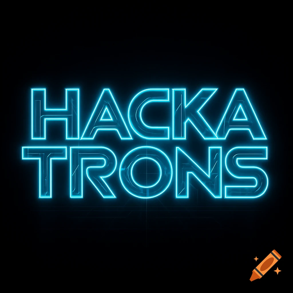 Neon blue text spelling 'HACKATRONS' in a futuristic Tron-style font on a dark background.