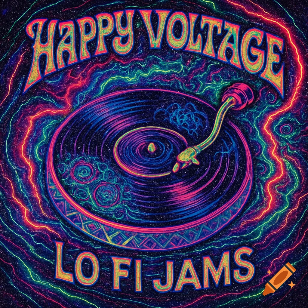 A vibrant neon psychedelic album cover for 'Happy Voltage - Lo Fi Jams' featuring a glowing turntable with lightning bolt patterns.