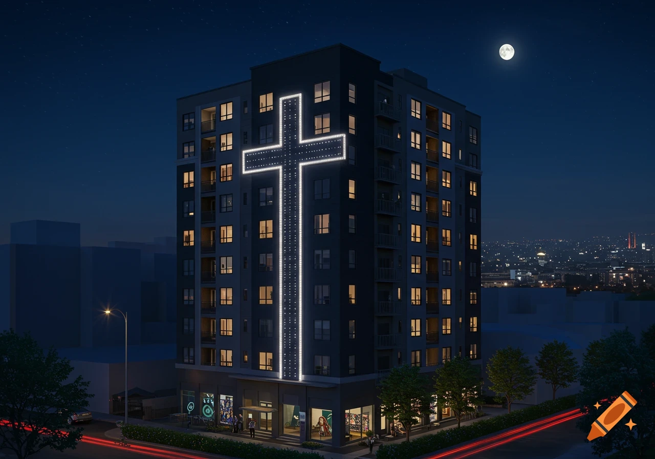 A tall modern apartment building at night, illuminated by a large cross facade, with a full moon and city lights in the background.