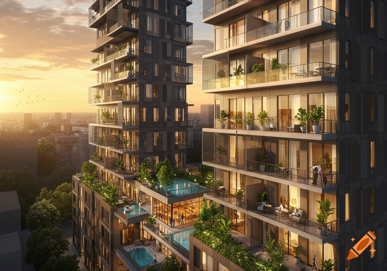 Modern apartment buildings with balconies, rooftop pools, and lush greenery at sunset, overlooking a city.