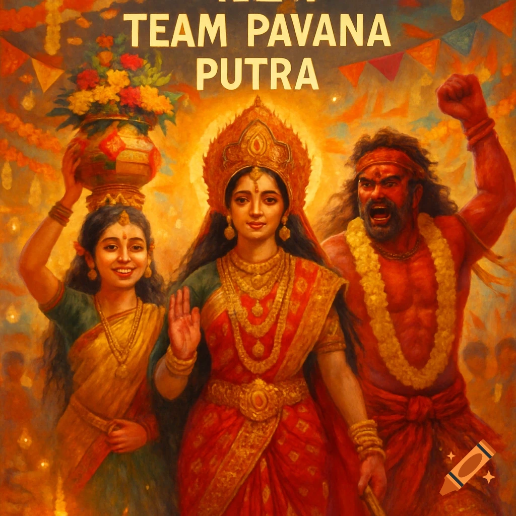 Painting of a goddess-like woman, a girl with a pot, and a red-skinned man with 'TEAM PAVANA PUTRA' text, in a vibrant festival setting.