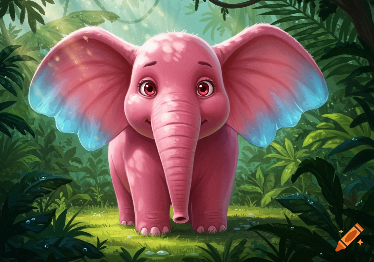 A cute pink cartoon elephant with blue-tipped ears and red eyes stands in a vibrant green jungle.