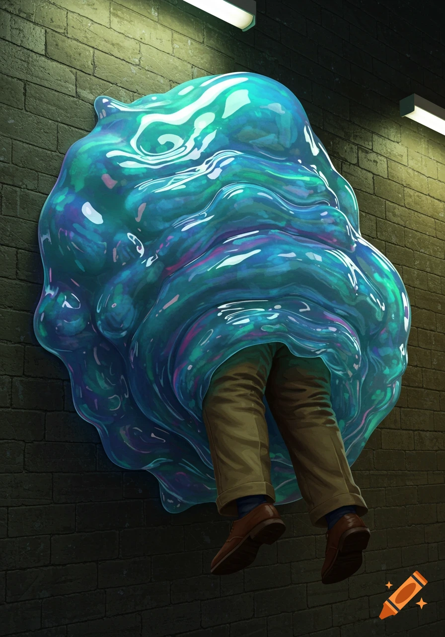 A large, glowing blue and green slime monster engulfs a man, with only his lower body and shoes visible hanging from its base against a dark brick wall.