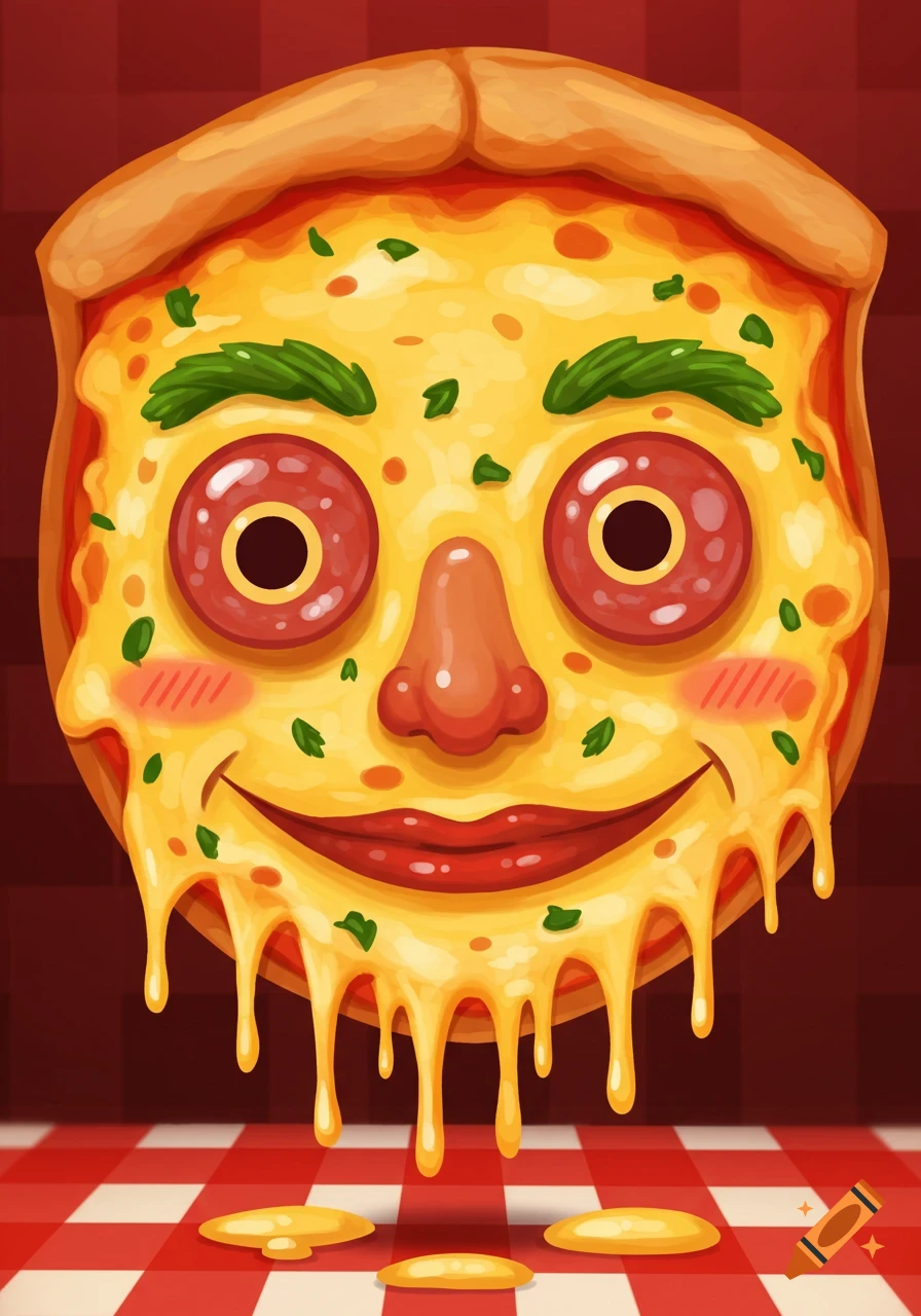 A cartoon face made from a pizza, with pepperoni eyes, green herb eyebrows, a dough nose, and a cheesy smile, with cheese melting onto a checkered table.