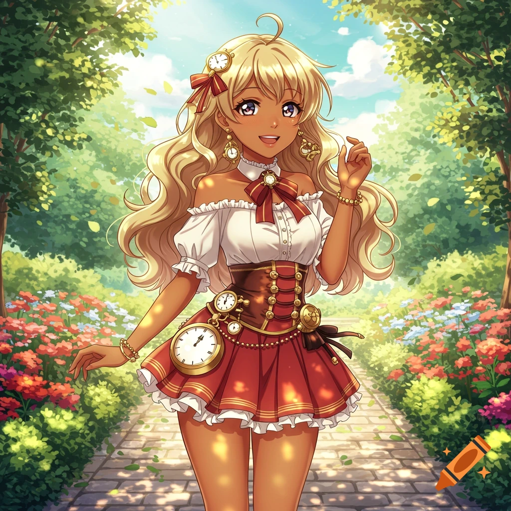 An anime girl with brown skin and long blonde hair wears a red and white steampunk-inspired dress adorned with clock accessories, standing in a sunny garden path.