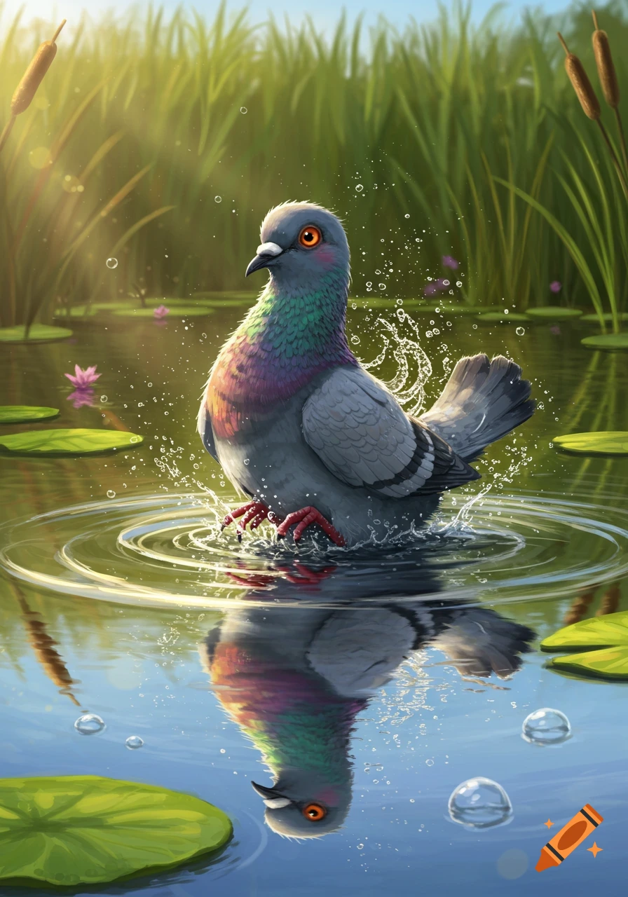 A pigeon splashes in a calm pond surrounded by lily pads and tall green grass, with sunlight filtering through.