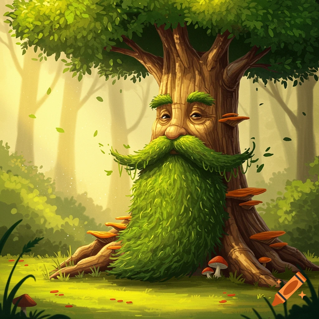 A whimsical tree with a green leafy beard and a face, in a sunlit forest clearing with mushrooms, in an illustration style.