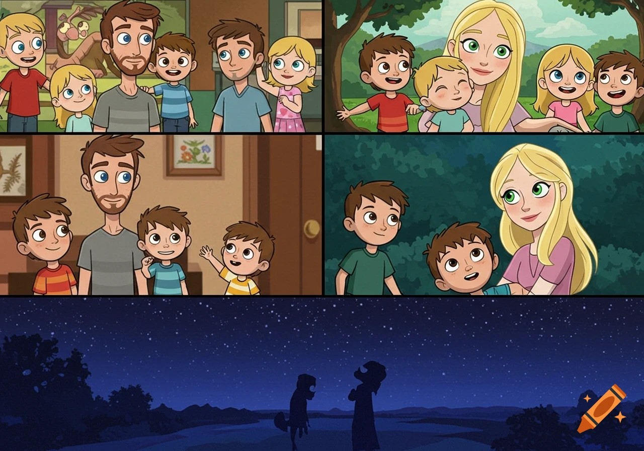 A cartoon collage showing a man with three children on the left and a woman with two or three children on the right. The bottom panel shows the silhouettes of the man and woman looking at a starry night sky.