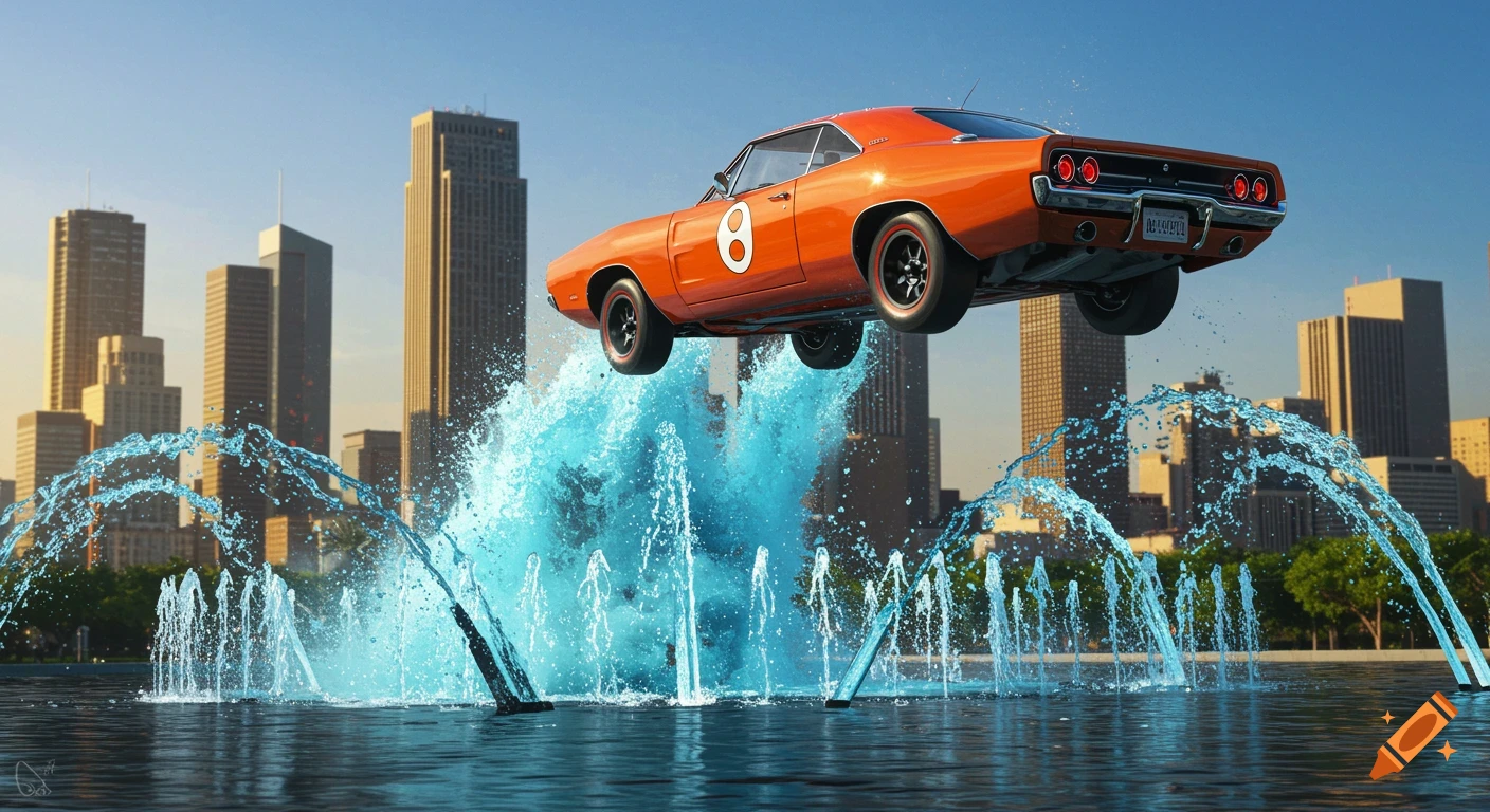 A vibrant orange vintage car, resembling the General Lee with the number 8 on its side, jumps high over a large fountain with bright blue water splashes in a city with skyscrapers under a clear sky.