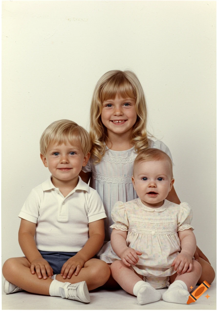 A 1970s studio portrait features a blonde girl, blonde boy, and a baby girl sitting and smiling against a white background.