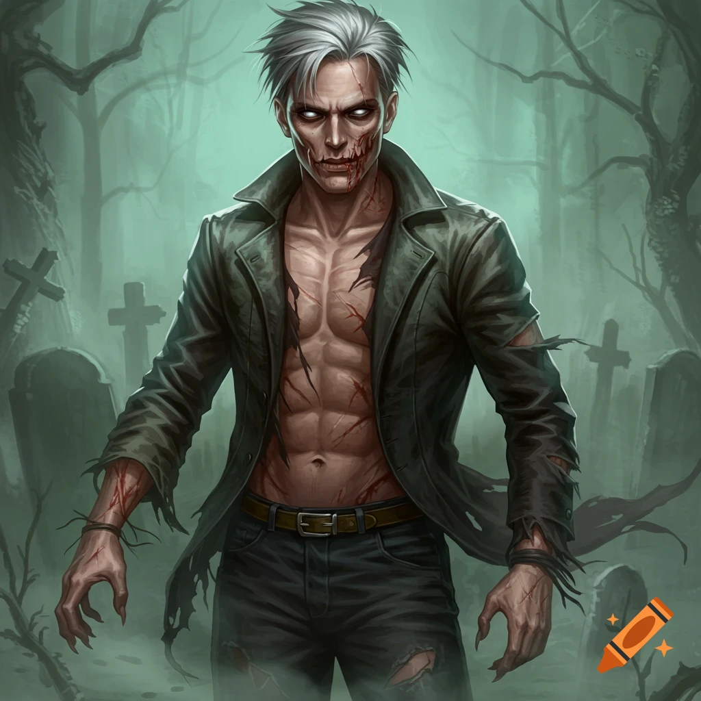 A zombie man with white hair, glowing eyes, and bloody, torn clothes stands in a misty graveyard with tombstones and trees, in a digital art style.