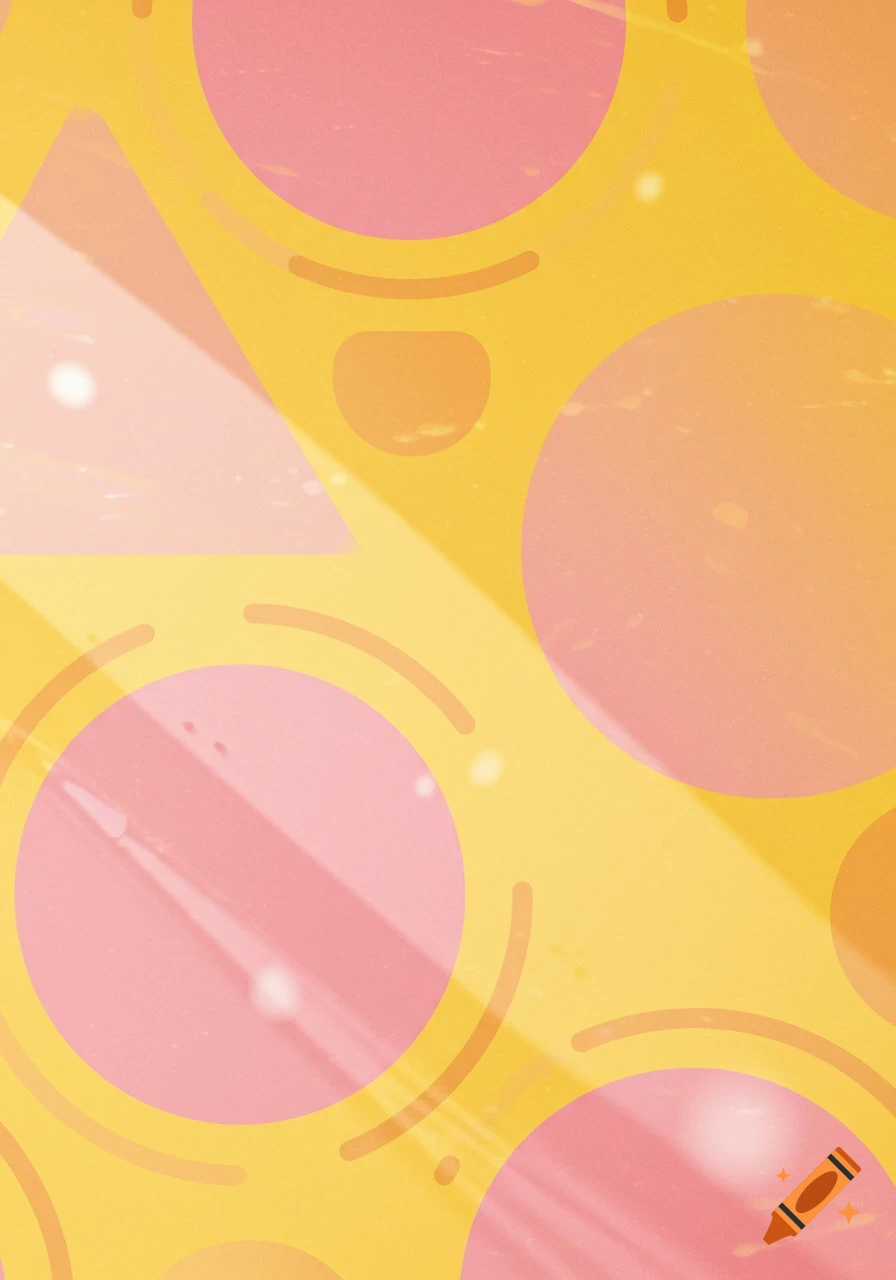 Abstract background with pink circles and orange geometric shapes on a yellow base, with light streaks.