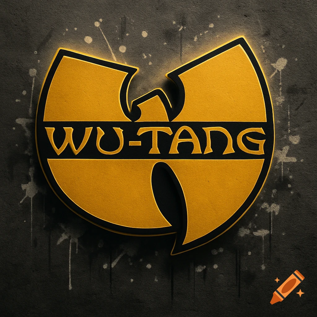 A gold Wu-Tang Clan logo with black text on a dark, textured background with paint splatters.