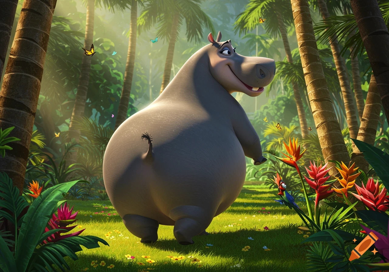 A cartoon hippo, Gloria from Madagascar, stands in a lush jungle with palm trees, colorful flowers, and butterflies.