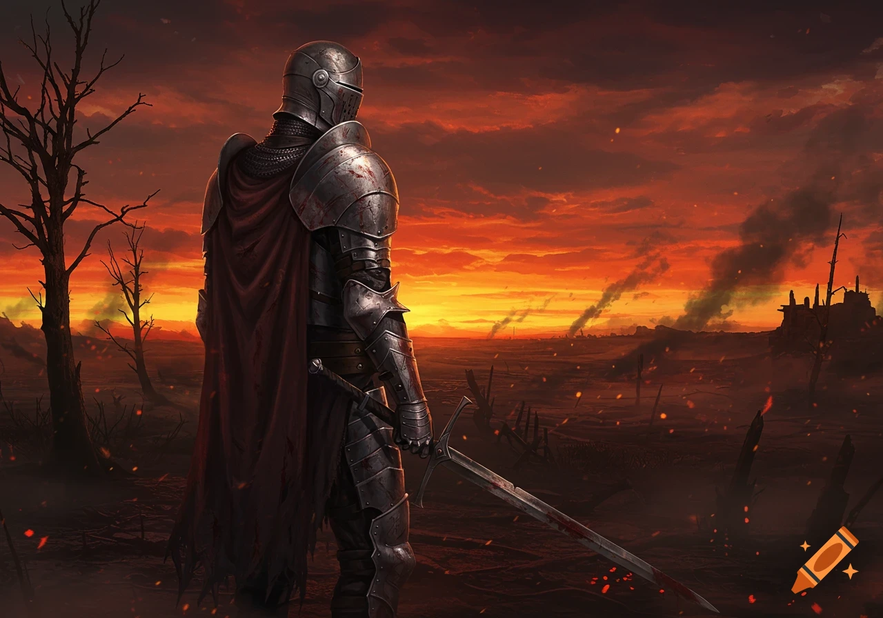 A heavily armored knight with a red cape and bloodied sword stands in a desolate, charred battlefield under a fiery orange and red sunset.