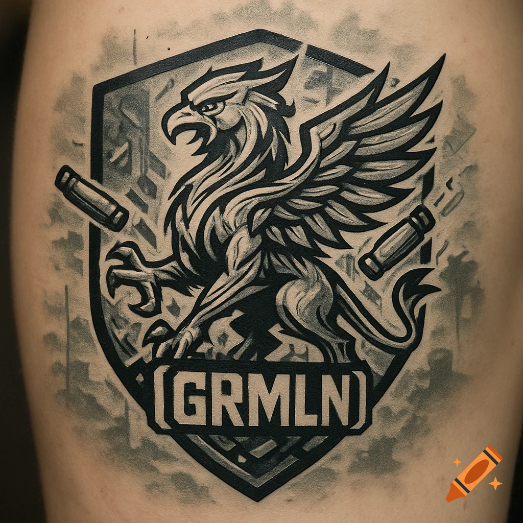 A grayscale tattoo on skin features a gryphon on a shield, with bullet casings and the text 'GRMLN'.
