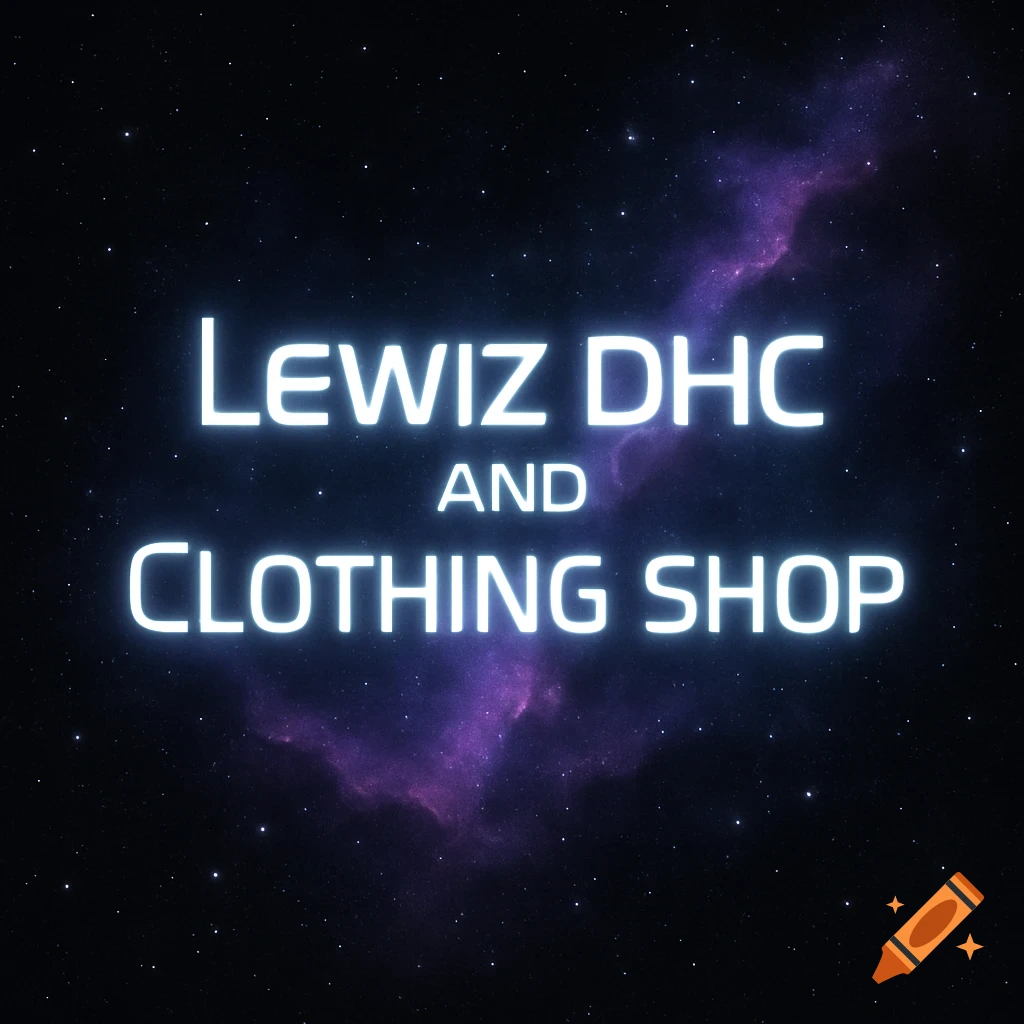 Glowing white text 'Lewiz DHC and Clothing Shop' against a starry galaxy background with a purple nebula, futuristic logo style.