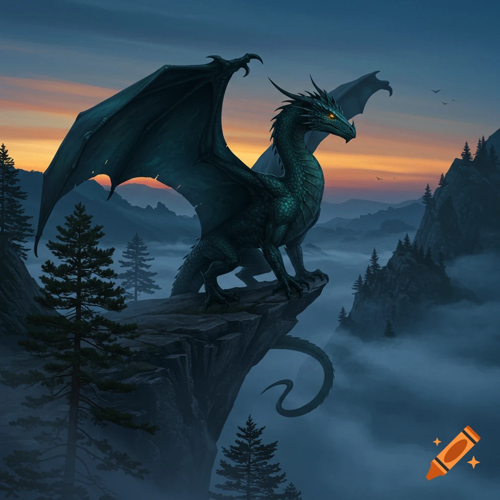 A large, dark teal dragon with spread wings perches on a misty cliff overlooking mountains at twilight.