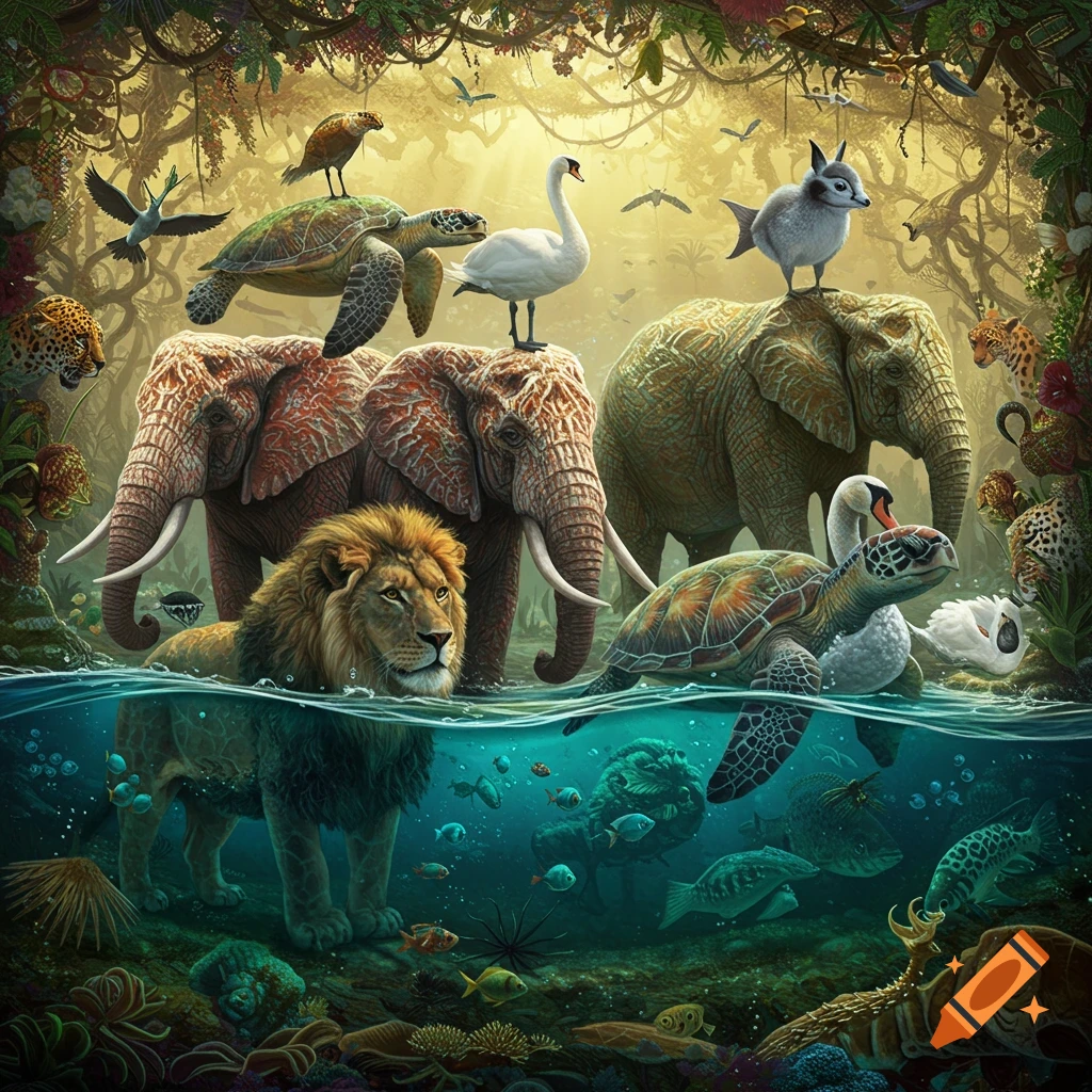 A vibrant and crowded scene of various land and sea animals, including elephants, a lion, turtles, swans, and fish, in a lush jungle and underwater environment.