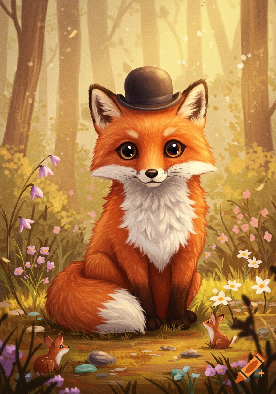 A cute, stylized orange fox wearing a brown bowler hat sits in a whimsical forest among flowers and small animals.