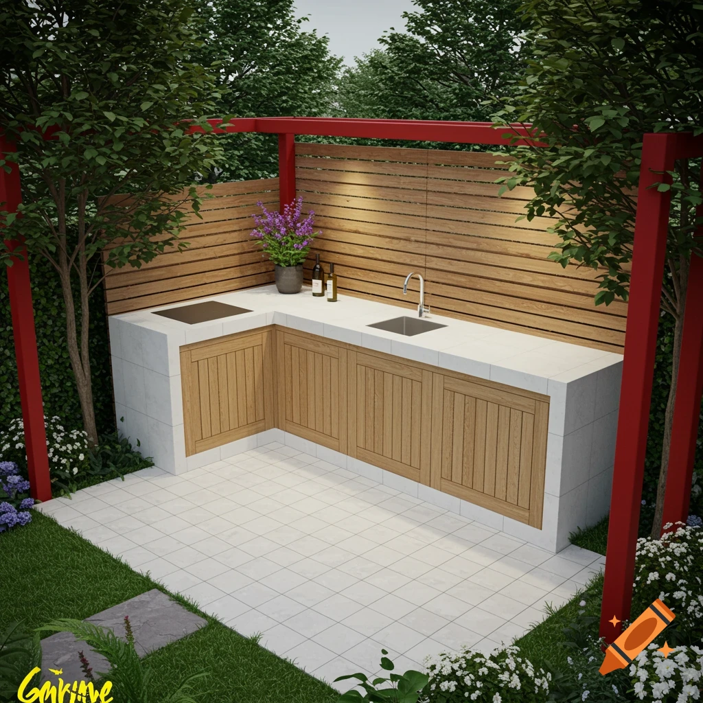 Photorealistic rendering of an outdoor kitchen with wooden cabinets, white counter, sink, and cooktop, set in a lush garden with a red pergola.