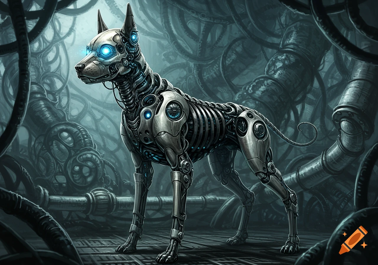 A detailed, dark sci-fi image of a robotic dog with glowing blue eyes standing amidst a complex network of wires and tubes in a biomechanical style.